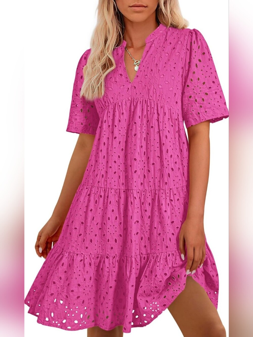 Women's Pink Embroidered Eyelet Lace Tiered Babydoll Dress- Full & Plus Sizes - Picture 2 of 9